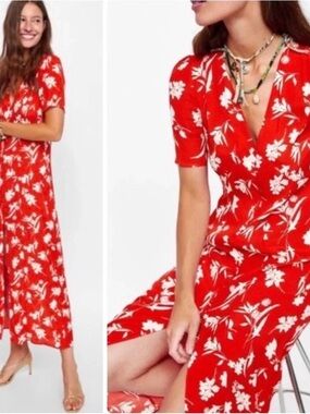 Button down red floral midi dress